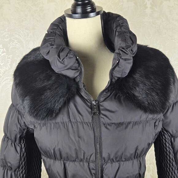 Via Spiga Size Small Black Quilted Puffer Coat Removable Fur Collar Stretch Belt - Picture 3 of 16